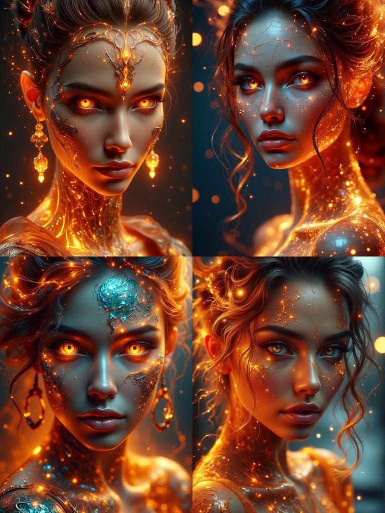Beautiful Woman with Glowing Cracks in Detailed Fantasy Atti...