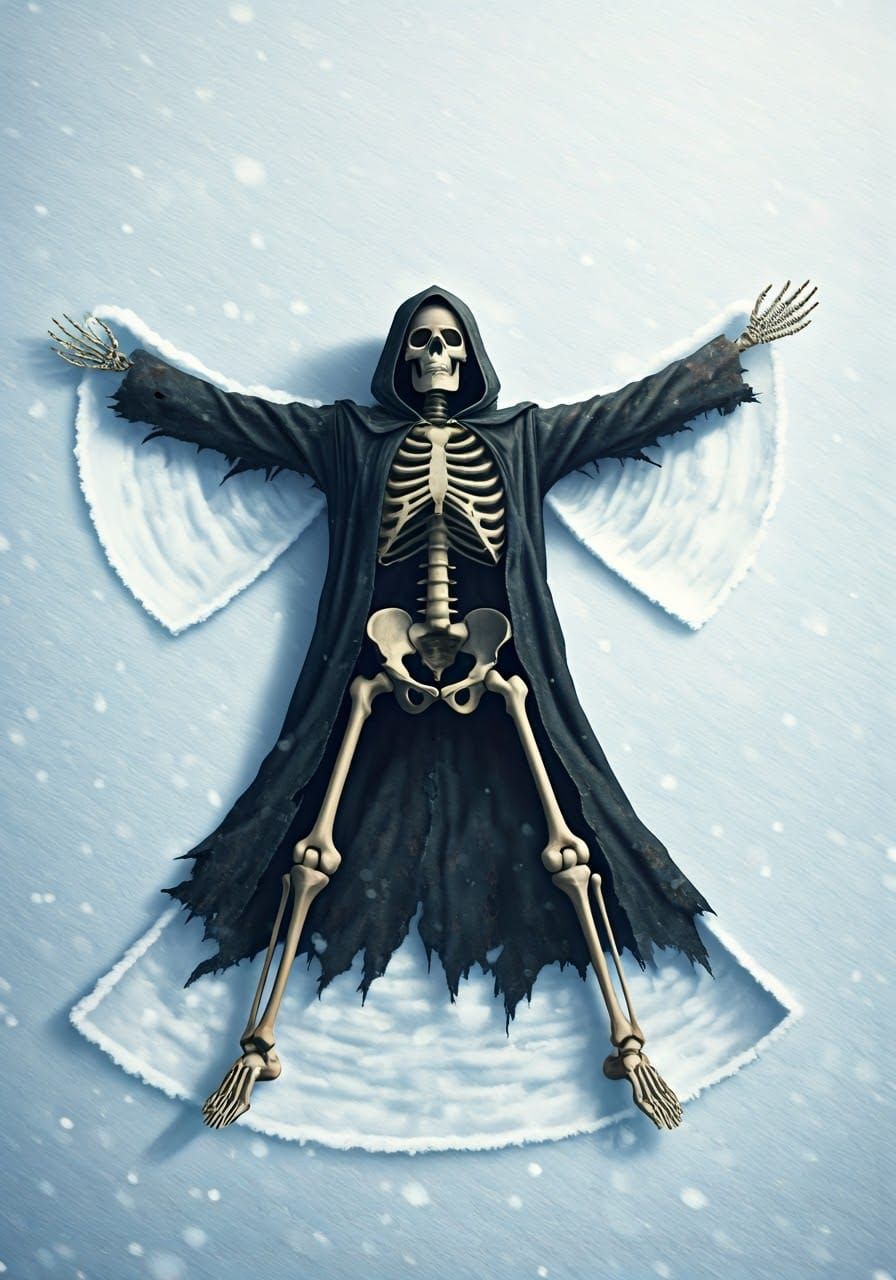 Skeleton Creates a Snow Angel in Pristine Winter Wonderland