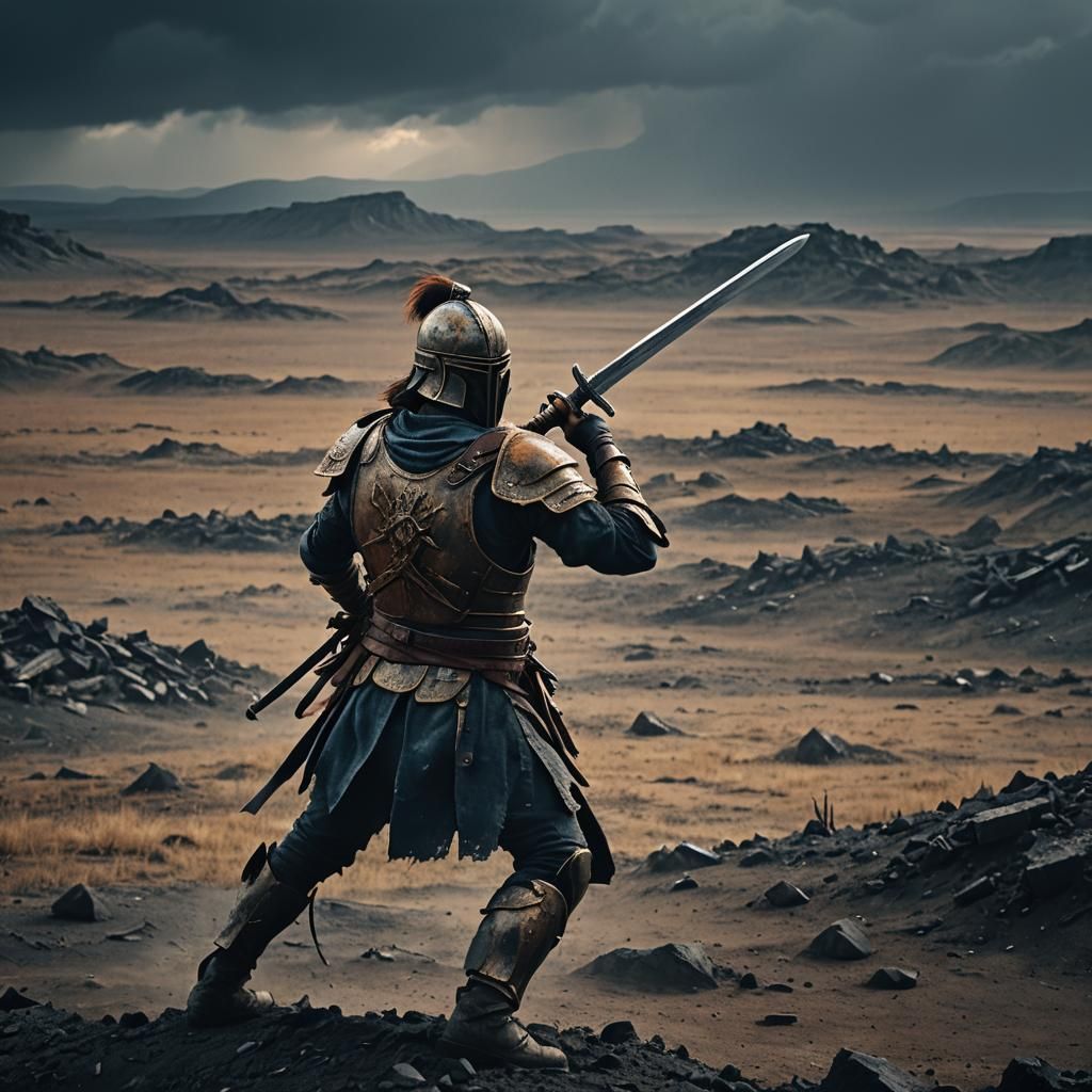 Warrior's Epic Fight in Desolate Wasteland