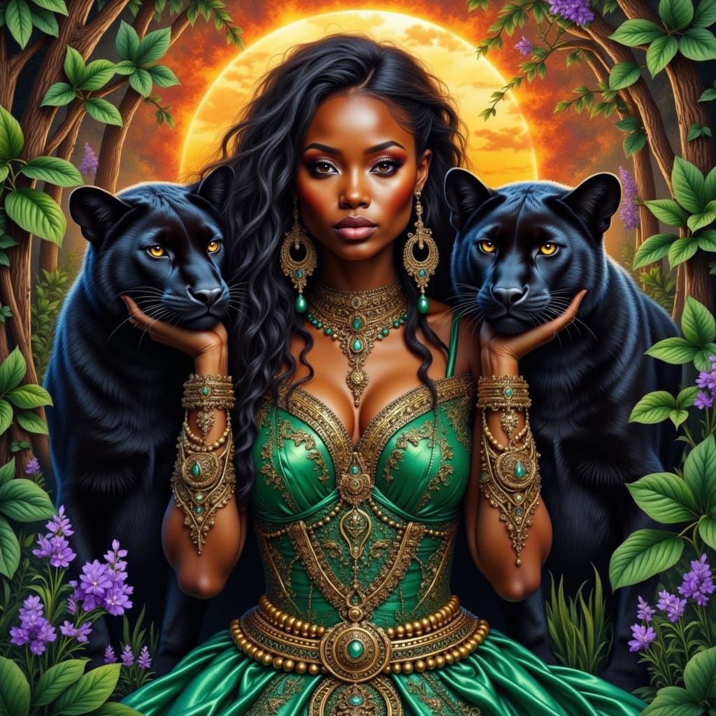 Medieval Fantasy Portrait of a Panther Goddess in Emerald Gr...