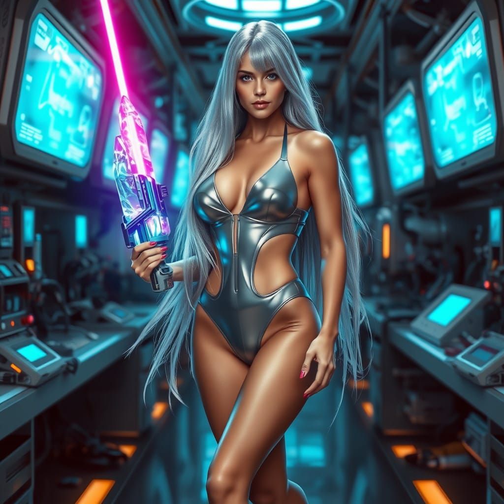 Cyberpunk Woman Wields Laser in Neon-Lit Laboratory
