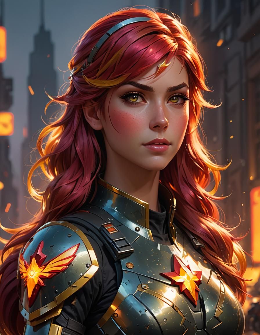 Sunset Shimmer in Armor: Digital Art Portrait