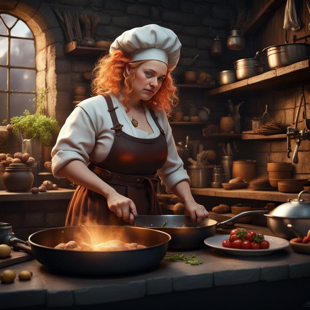 Fantasy Dwarf Chef in Medieval Kitchen, Detailed Art