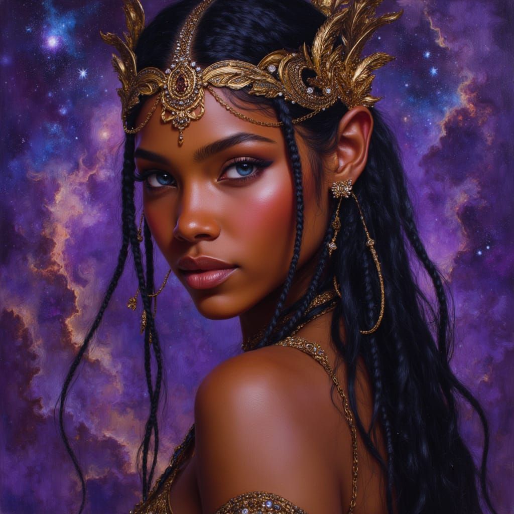 Black Goddess with Stardust Eyes in Ethereal Oil Painting St...