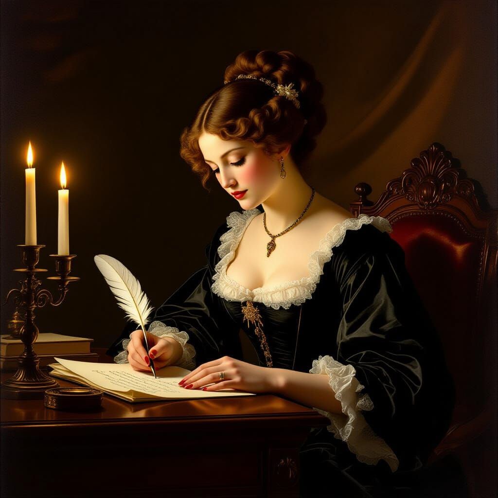 Victorian Lady Writing by Candlelight in Michelangelo Style