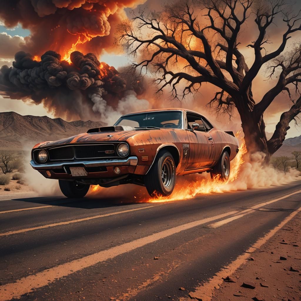 Rusty Muscle Car Joyride in Surreal Automotive Art