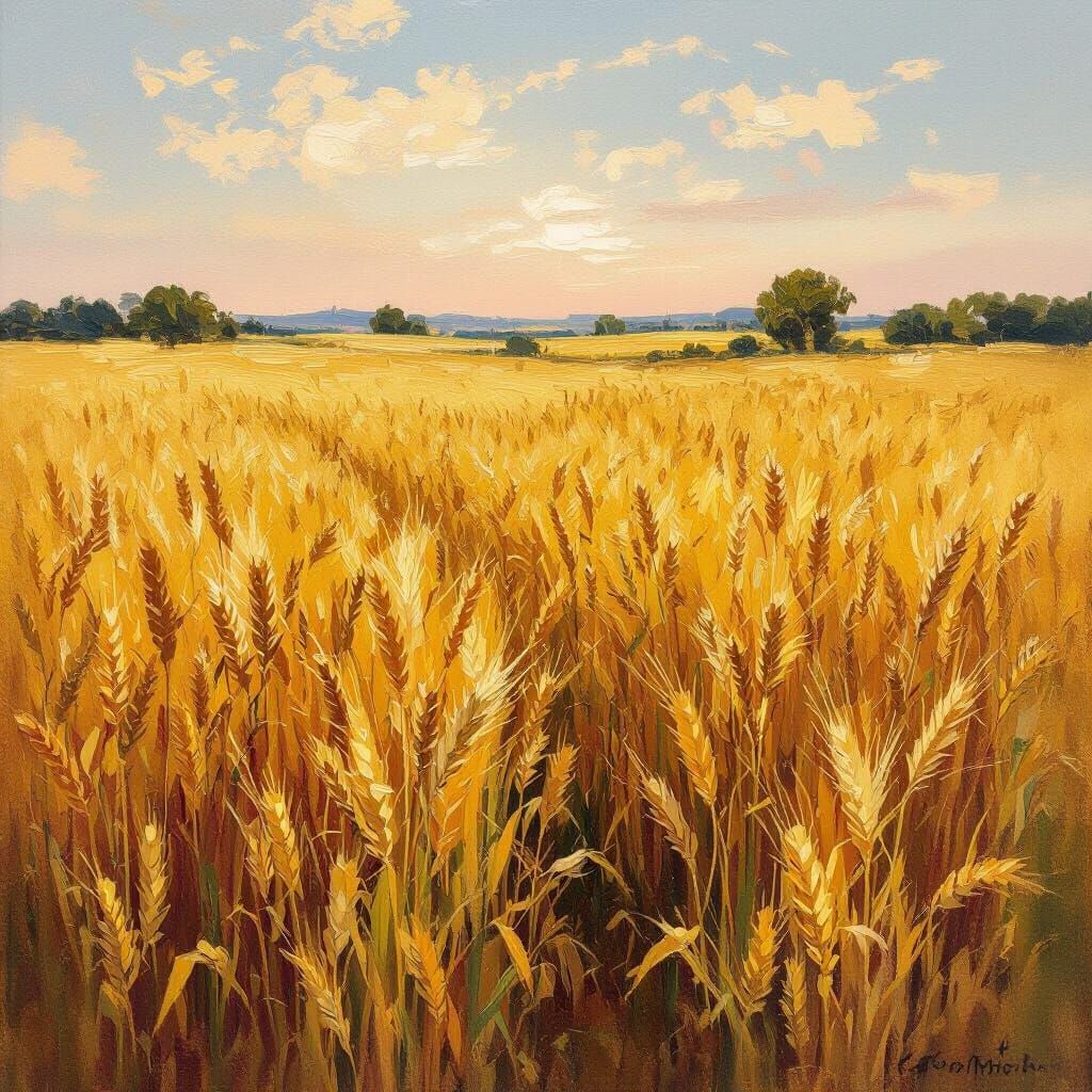 Golden Wheat Field at Golden Hour, Impressionistic Oil Paint...