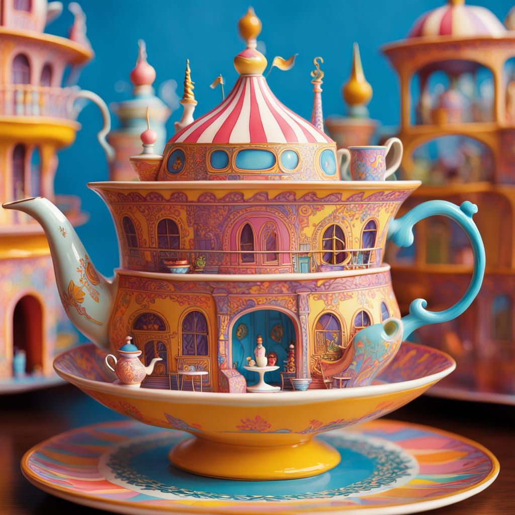 A mini amusement park Entirely enclosed in a tea cup with miniure people on the rides inside the cup 8k