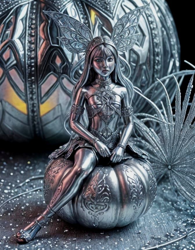 Iridescent Fairy on Shimmering Silver Pumpkin