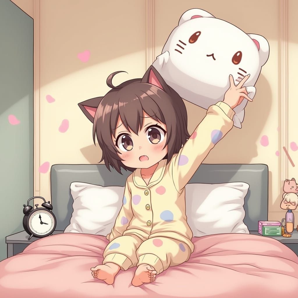 Anime Girl in Whimsical Pajamas Strikes Alarm Clock with Flu...