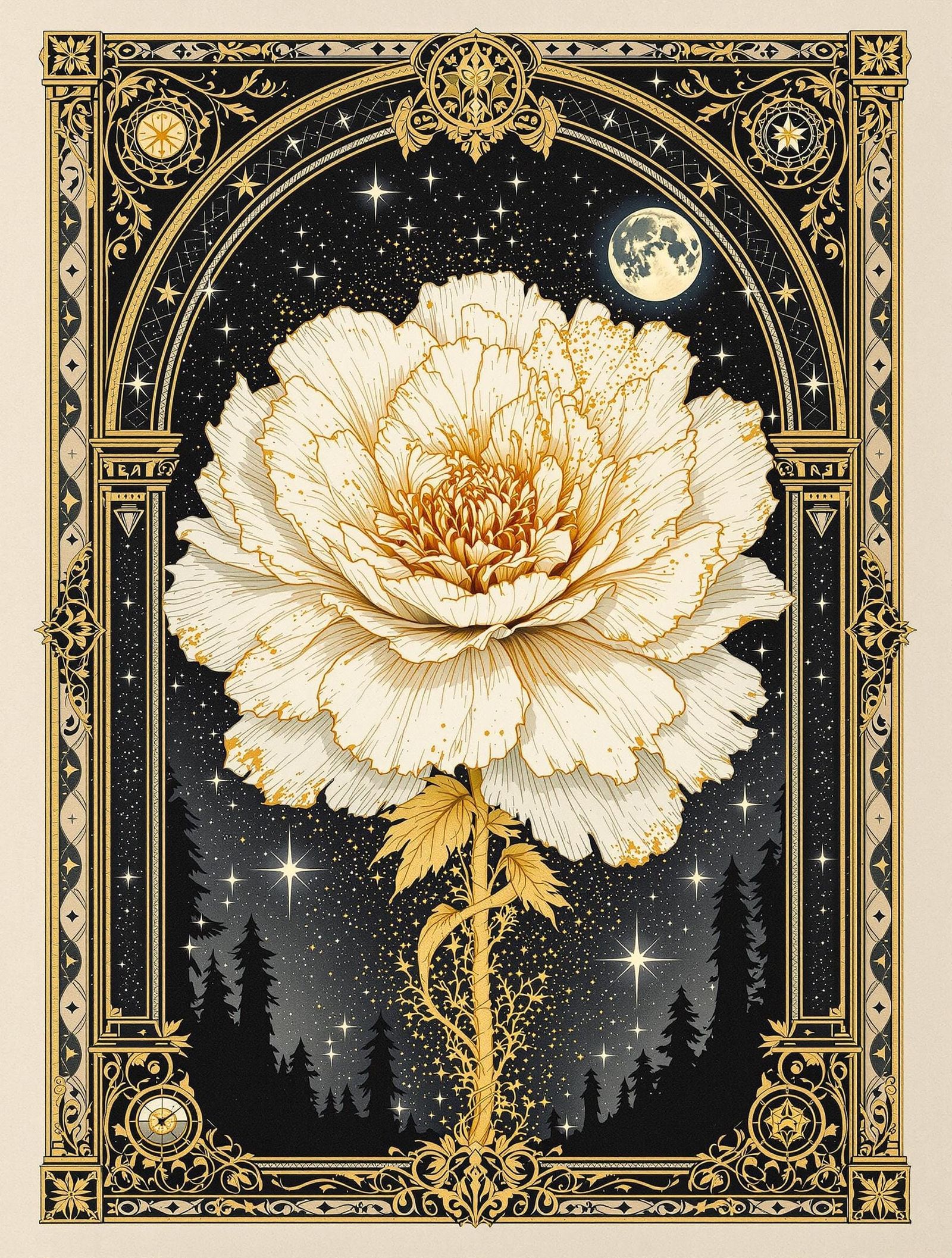 Surreal Gold Bloom Amidst Cosmic Crypt
