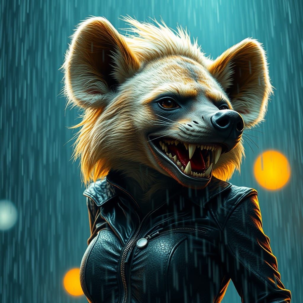 A female anthropomorphic hyena, blonde, in a black leather suit, caught in a tremendous rainstorm. stipple tesselation v...