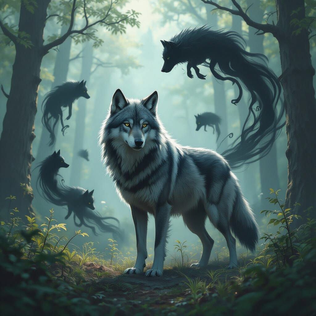 Wolf Conjuring Shadows in Dark Fantasy Style