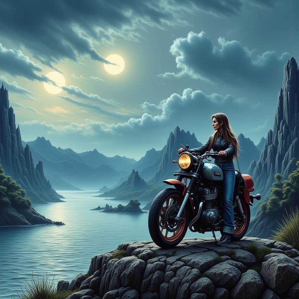 Motorcycle Stunt on Cliff Under Moonlight