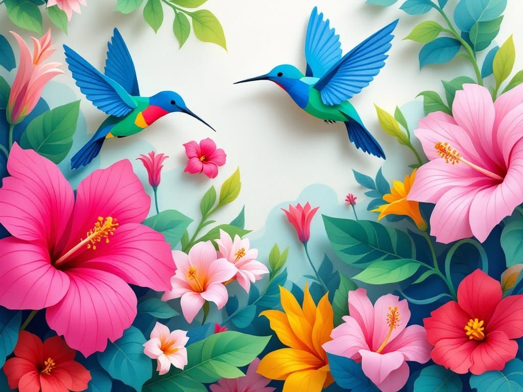 Vibrant Hummingbirds Dance in Lush Floral Garden