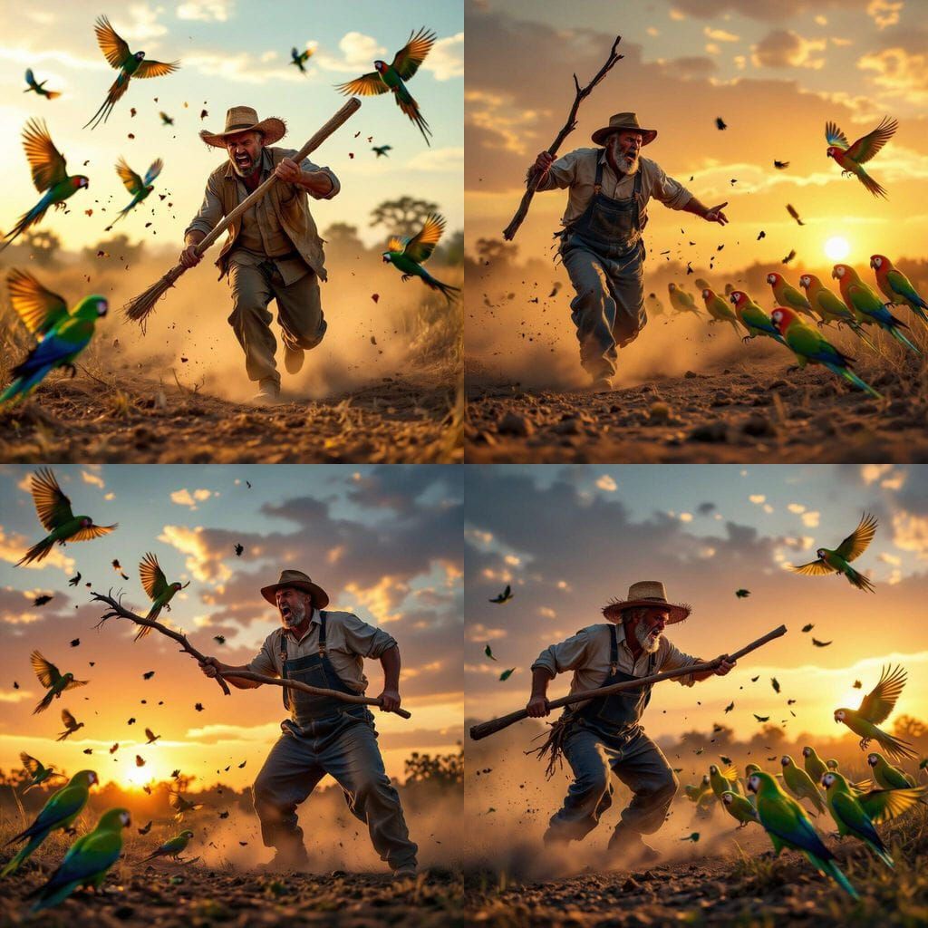 Farmer Chasing Parrots at Sunset with Motion Blur