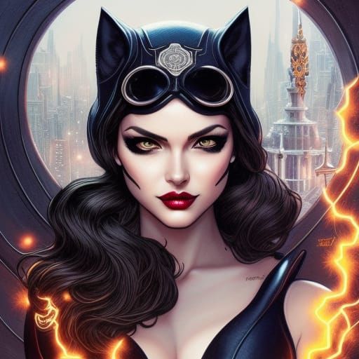 Catwoman Portrait: Intricate Detail in Painterly Style