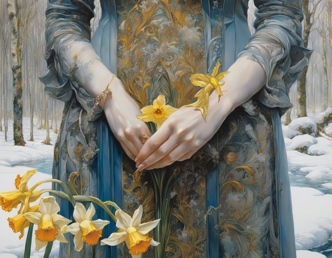 Surreal Hyperrealistic Oil Painting of Thawing Snow and Daff...