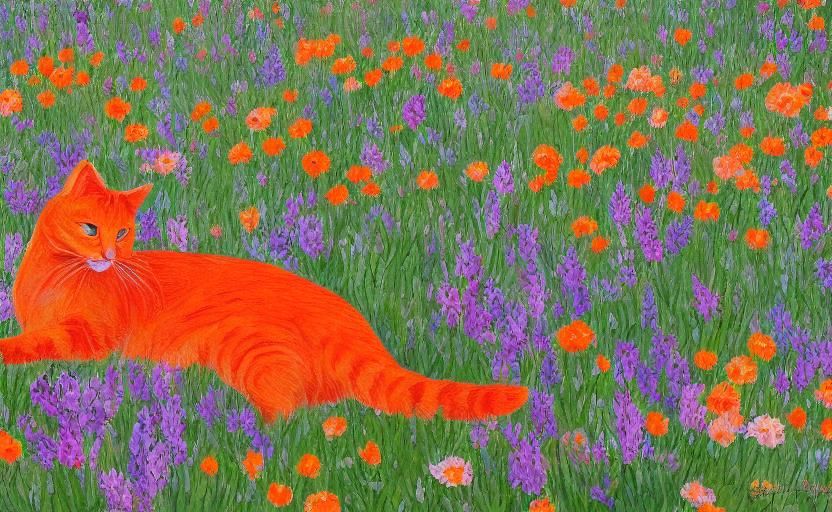 Orange Cat in a Sunny Flower Field