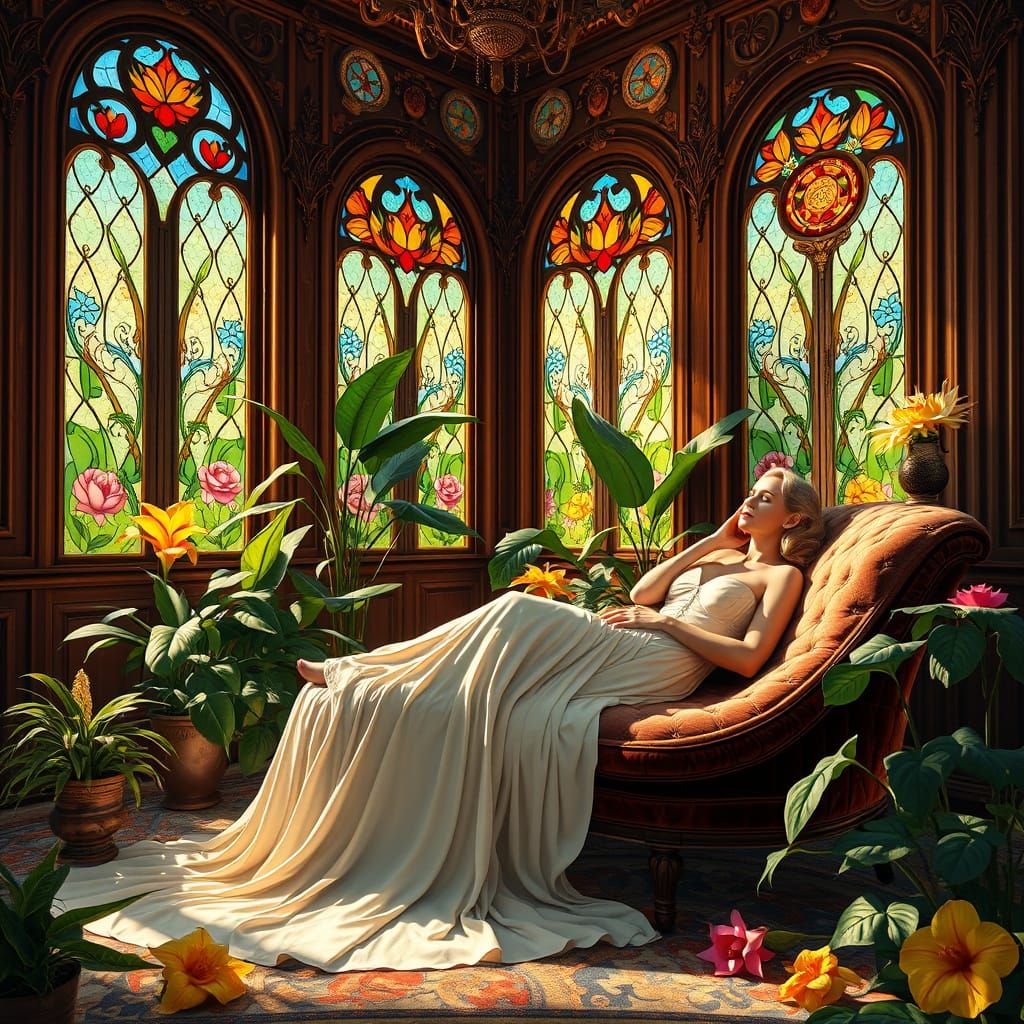 Art Nouveau Woman in Sunlit Sitting Room