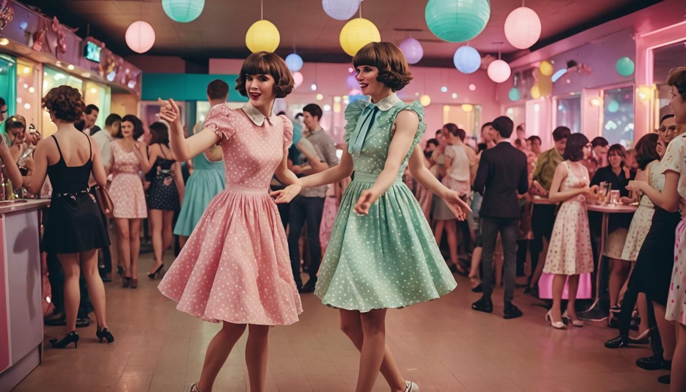 Young Man in Elegant Easter Dress Dances with a Polka-Dresse...
