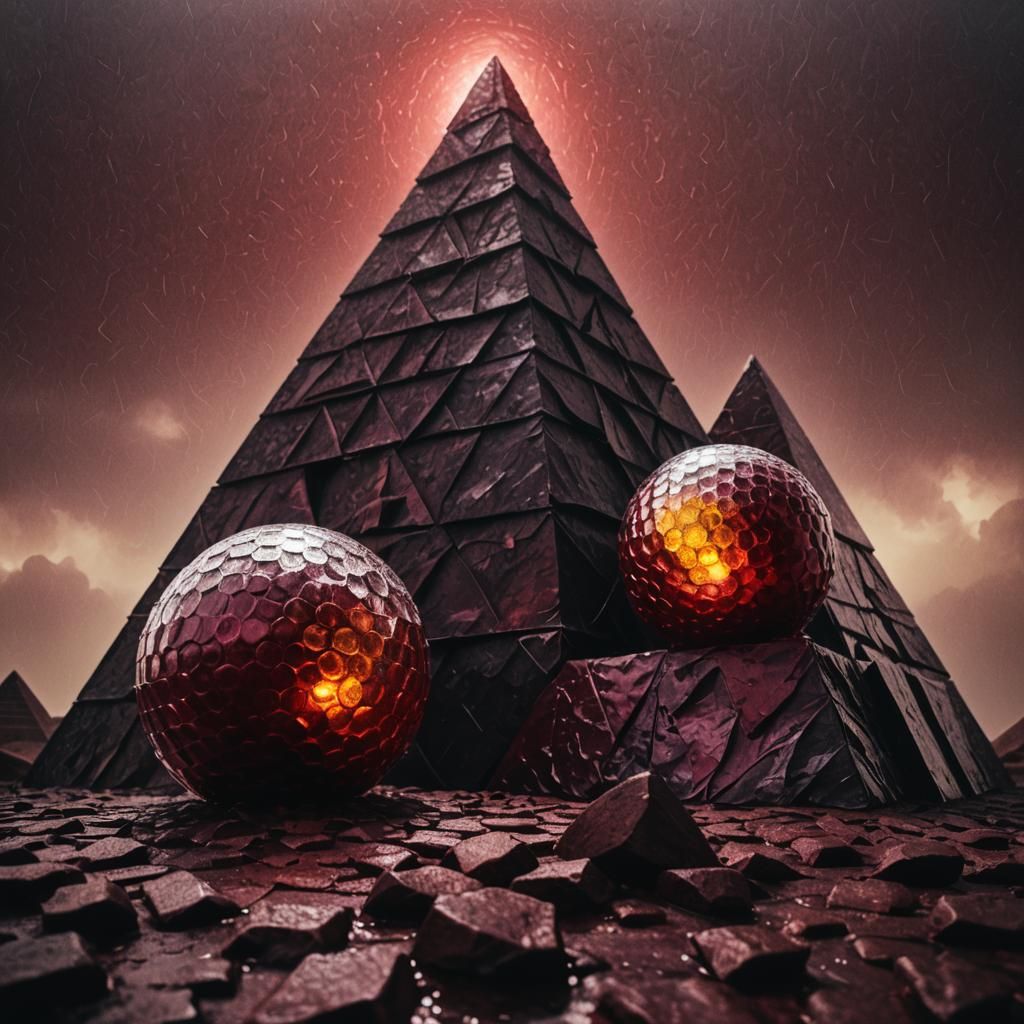 Mystical Pyramid with Glowing Balls in Dark Fantasy Style