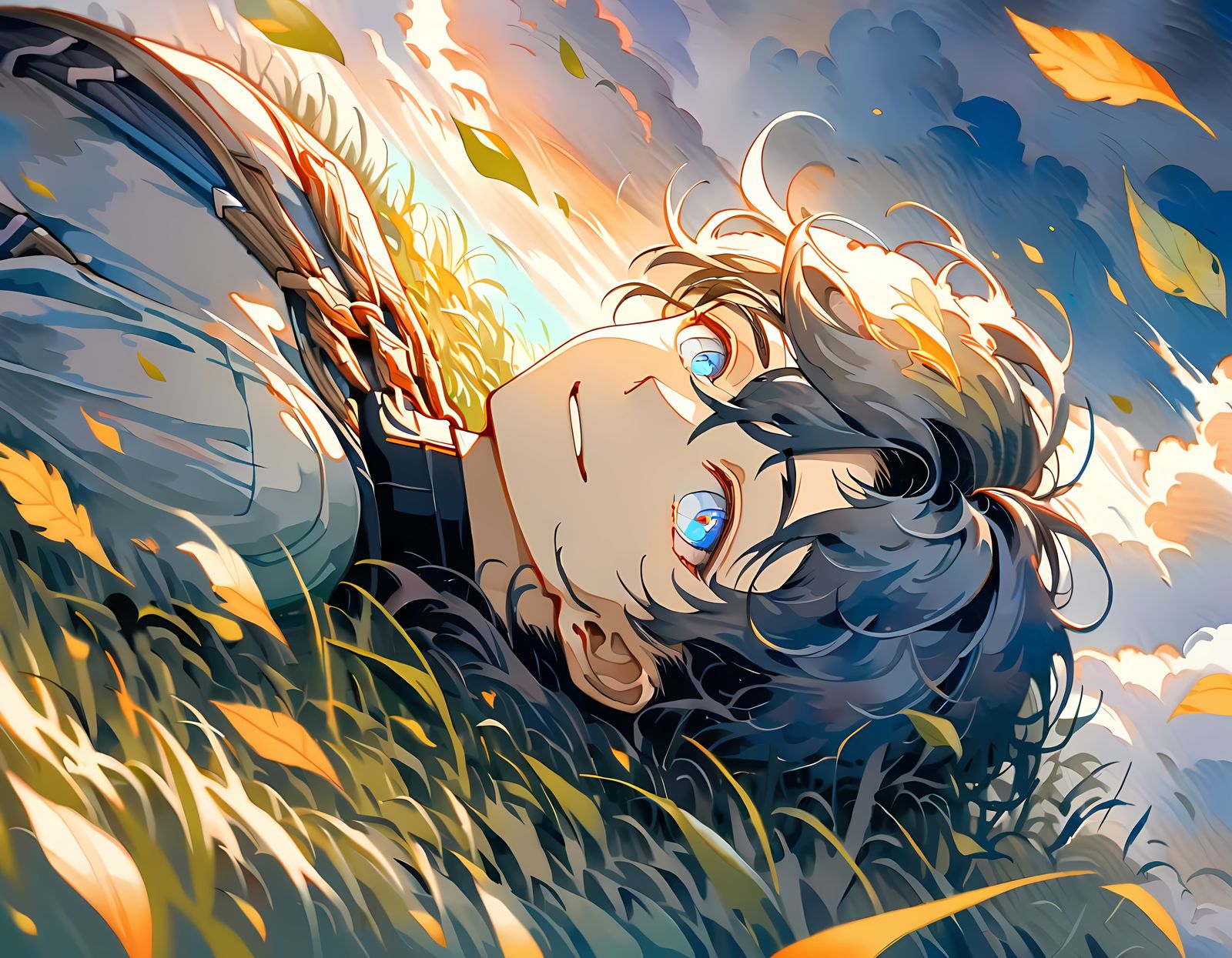 Anime Boy Gazing at Stormy Sky, Ghibli Style