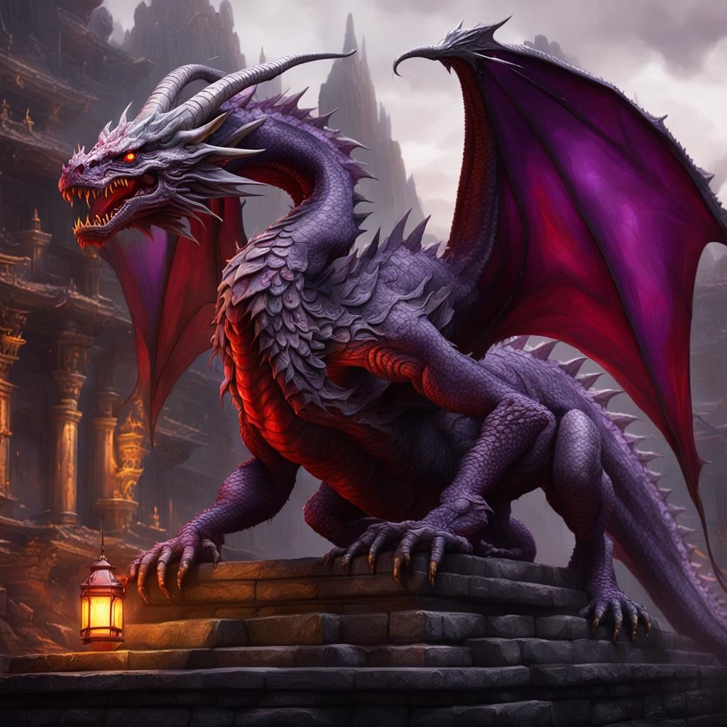 Old Red and Grey Dragon in Dark Fantasy Style