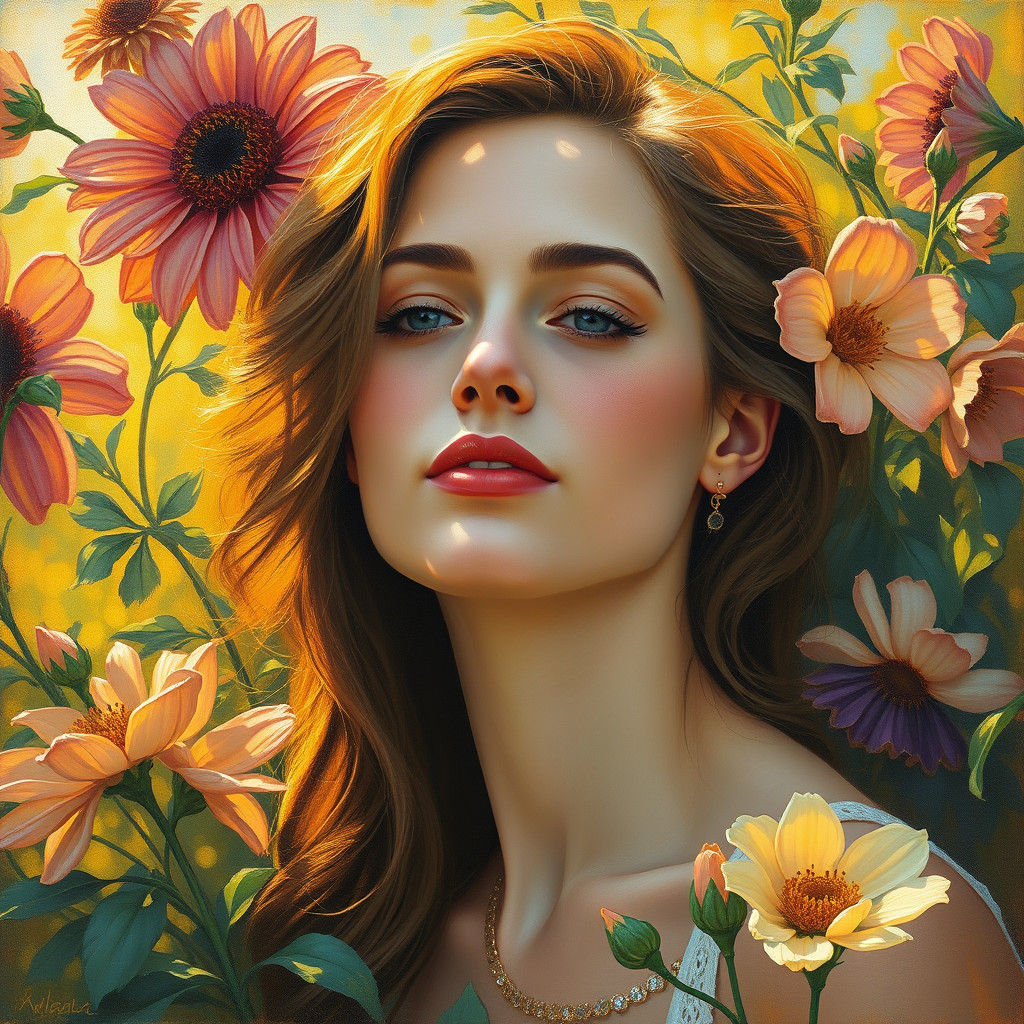 Dreamy Woman in Floral Garden, Impressionistic Style