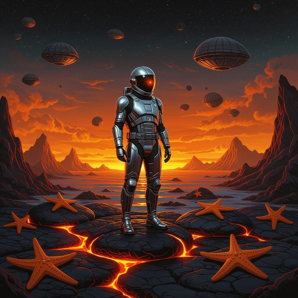 Surreal Time Traveller Amidst Volcanic Seascape