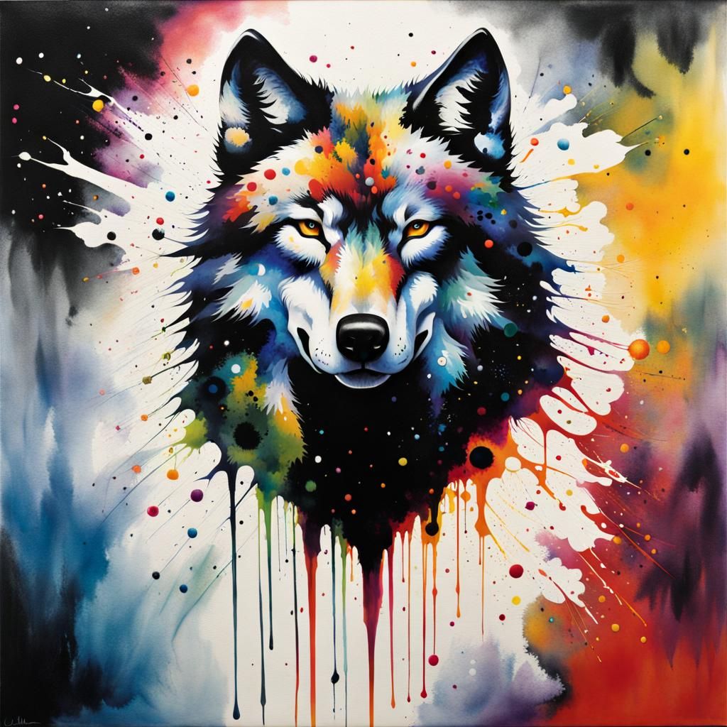 Wolf Head Ink Splatter Painting with Abstract Forest