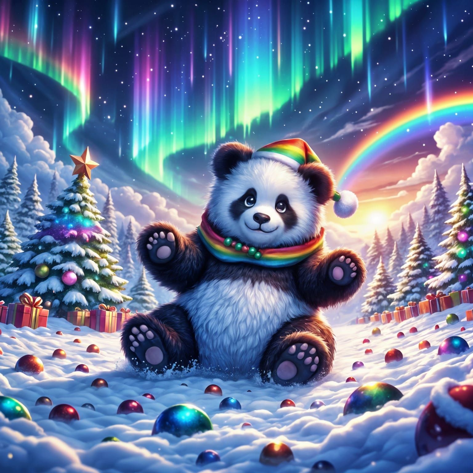 Rainbow Christmas Panda Plays in Cosmic Snow