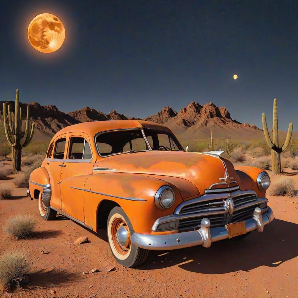 Vintage Car in Haunted Desert Under Orange Moon
