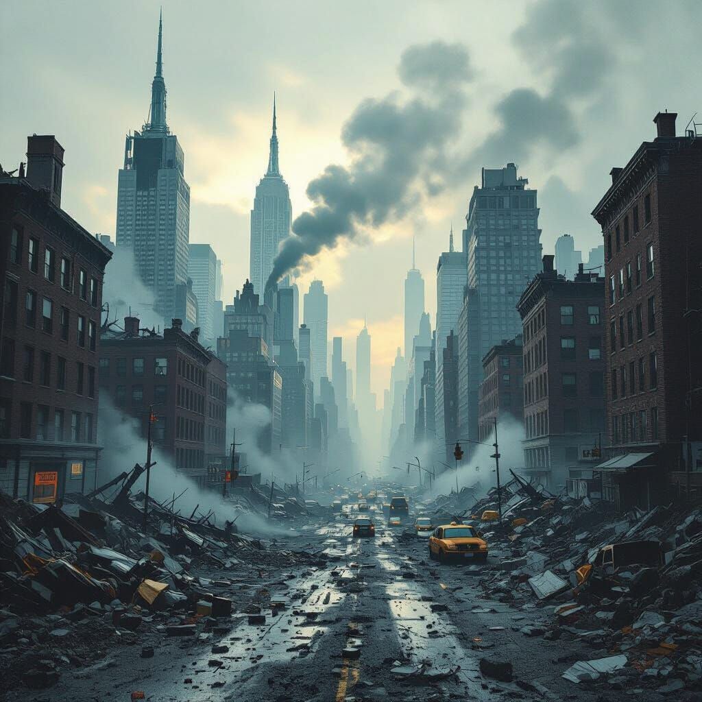 Post-Apocalyptic New York Cityscape in Dramatic Style