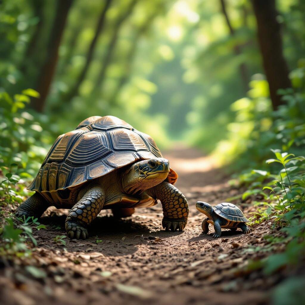 Wise Tortoise and Baby Turtle in Forest: Photorealistic Styl...