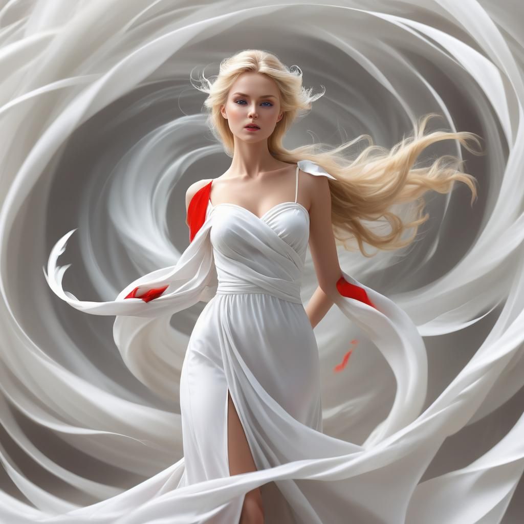 a gorgeous blond mistress of the wind dressed in a light white dress stands in the center of a whirlwind and controls th...