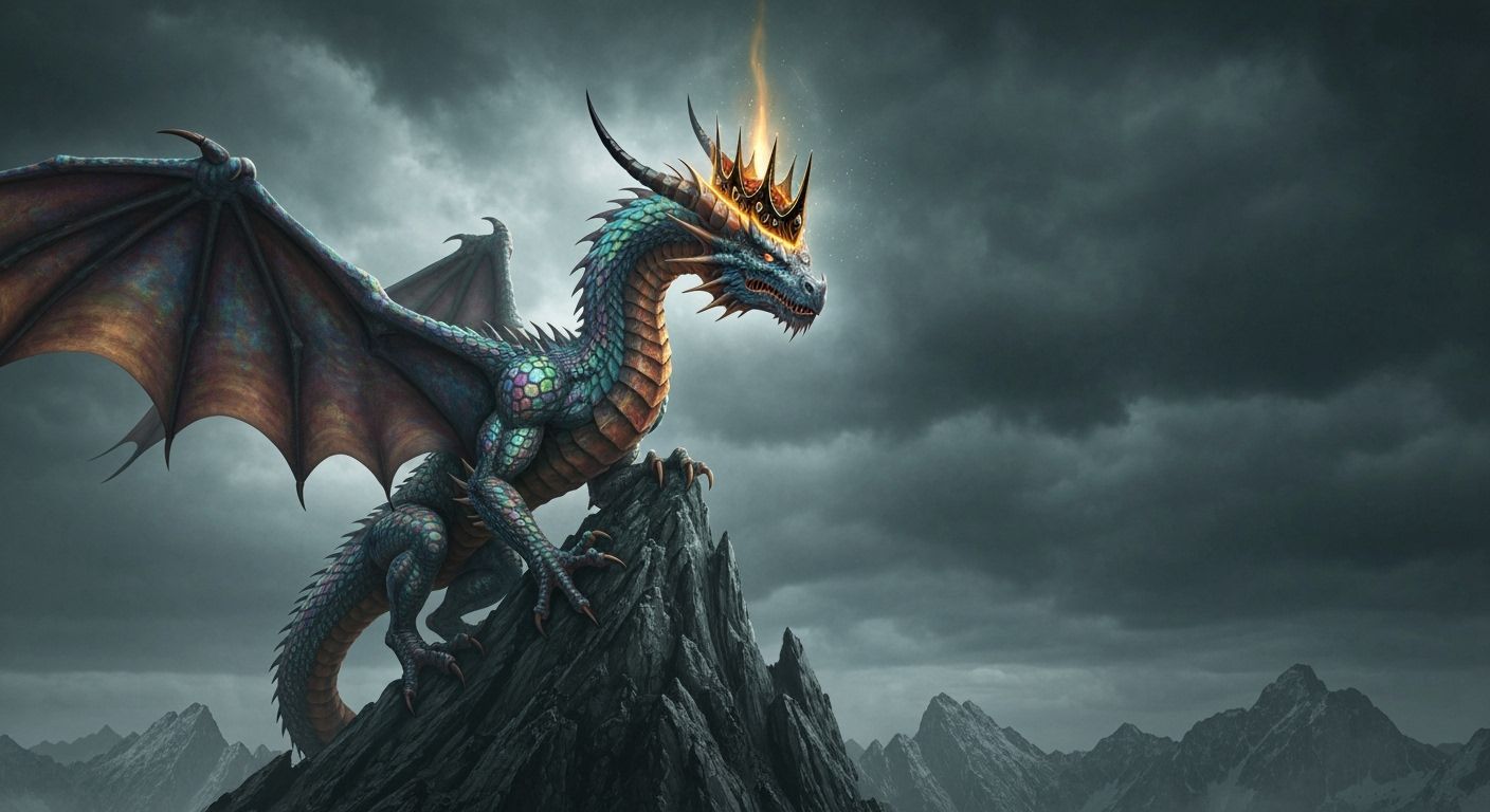 Majestic Dragon with Golden Crown on Mountain Peak in Alcoho...
