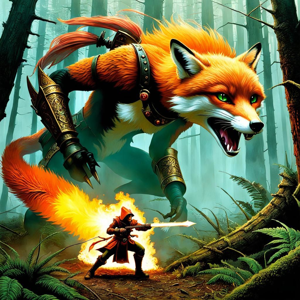 Fox Warrior in Fantasy Forest, Sci-Fi Illustration