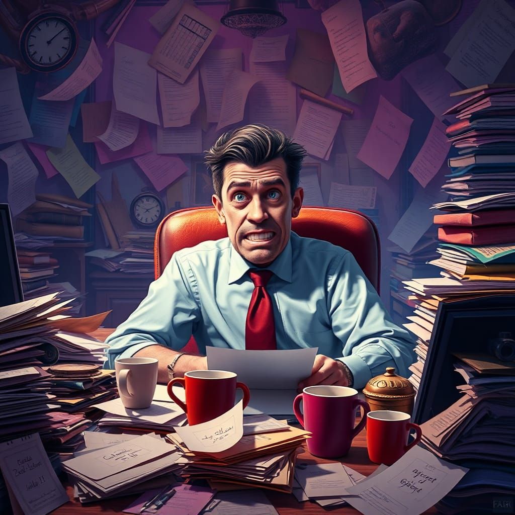 Humorous Meme of Overwhelmed Office Worker in Fantasy Art