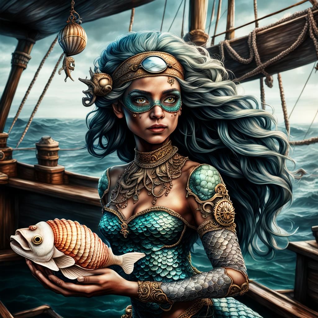 Hyperrealistic Pirate Mermaid on Seahorse Boat