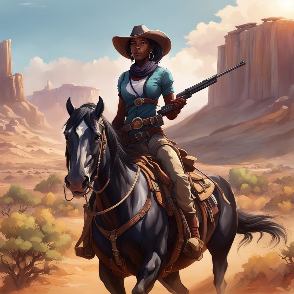 Black Cowgirl Rides in the Desert, Hyperdetailed Portrait