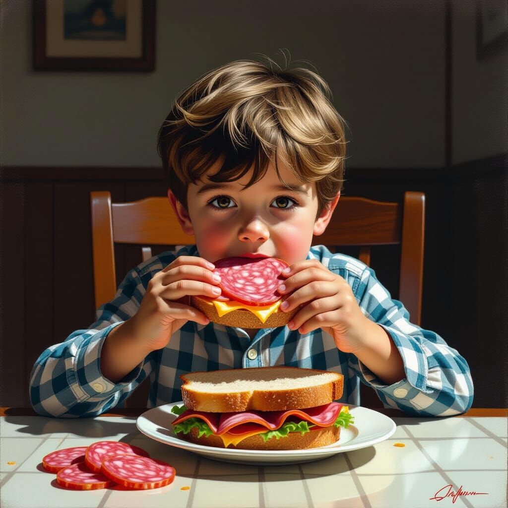 Boy Eating Salami Sandwich in Hyper-Realistic Comic Style