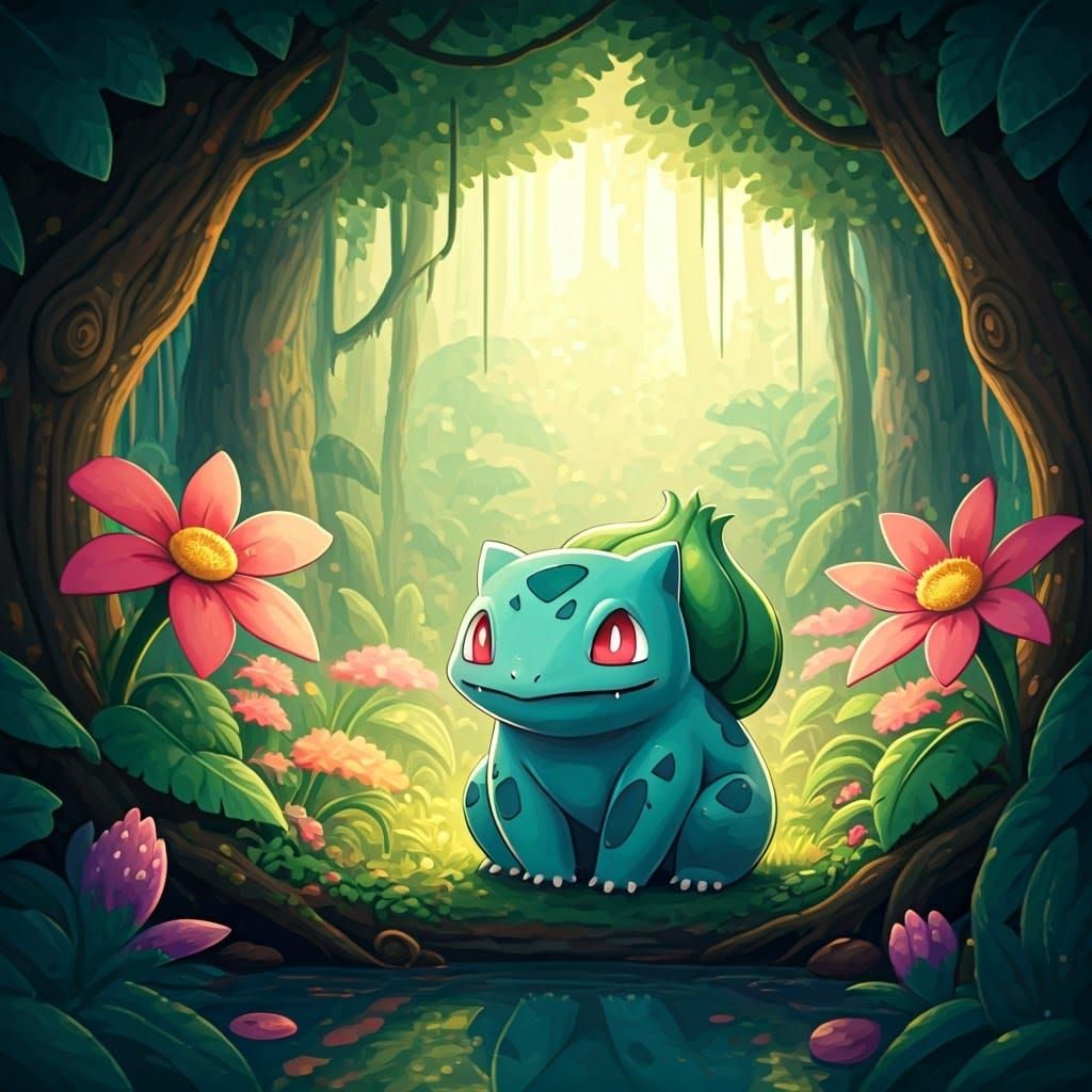 Bulbasaur in a Dreamlike Forest, Watercolor Style