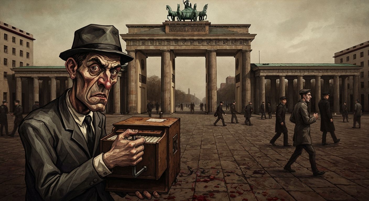 German Expressionist Organ Grinder and Brandenburg Gate