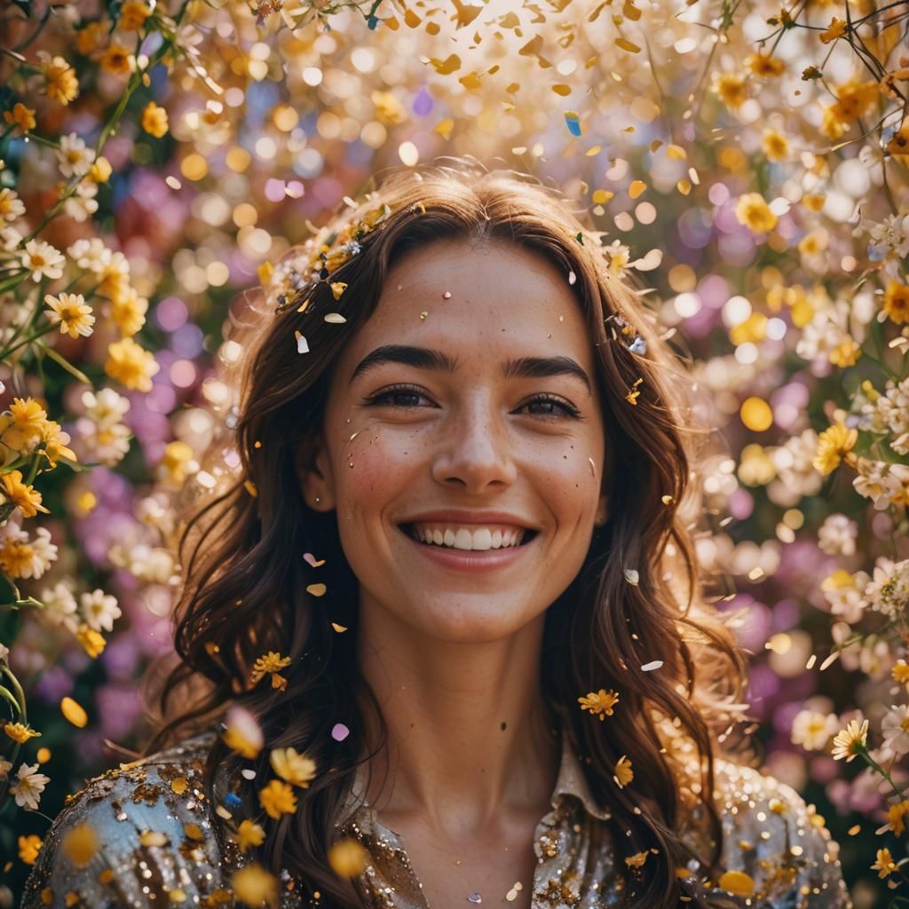 Woman Surrounded by Flowers in Golden Light