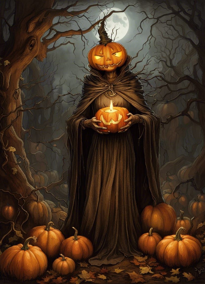 Pumpkin Witch with Glowing Eyes, Matte Painting
