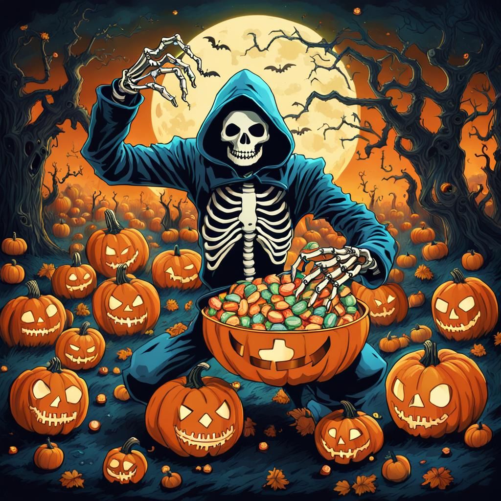 Skeleton Candy Feast in Whimsical Spooky Style