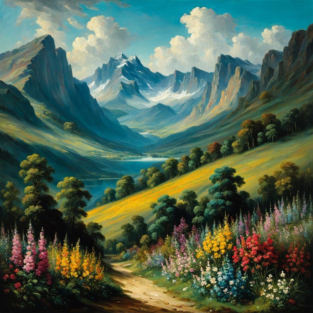 Romantic Baroque Mountainscape with Wildflowers