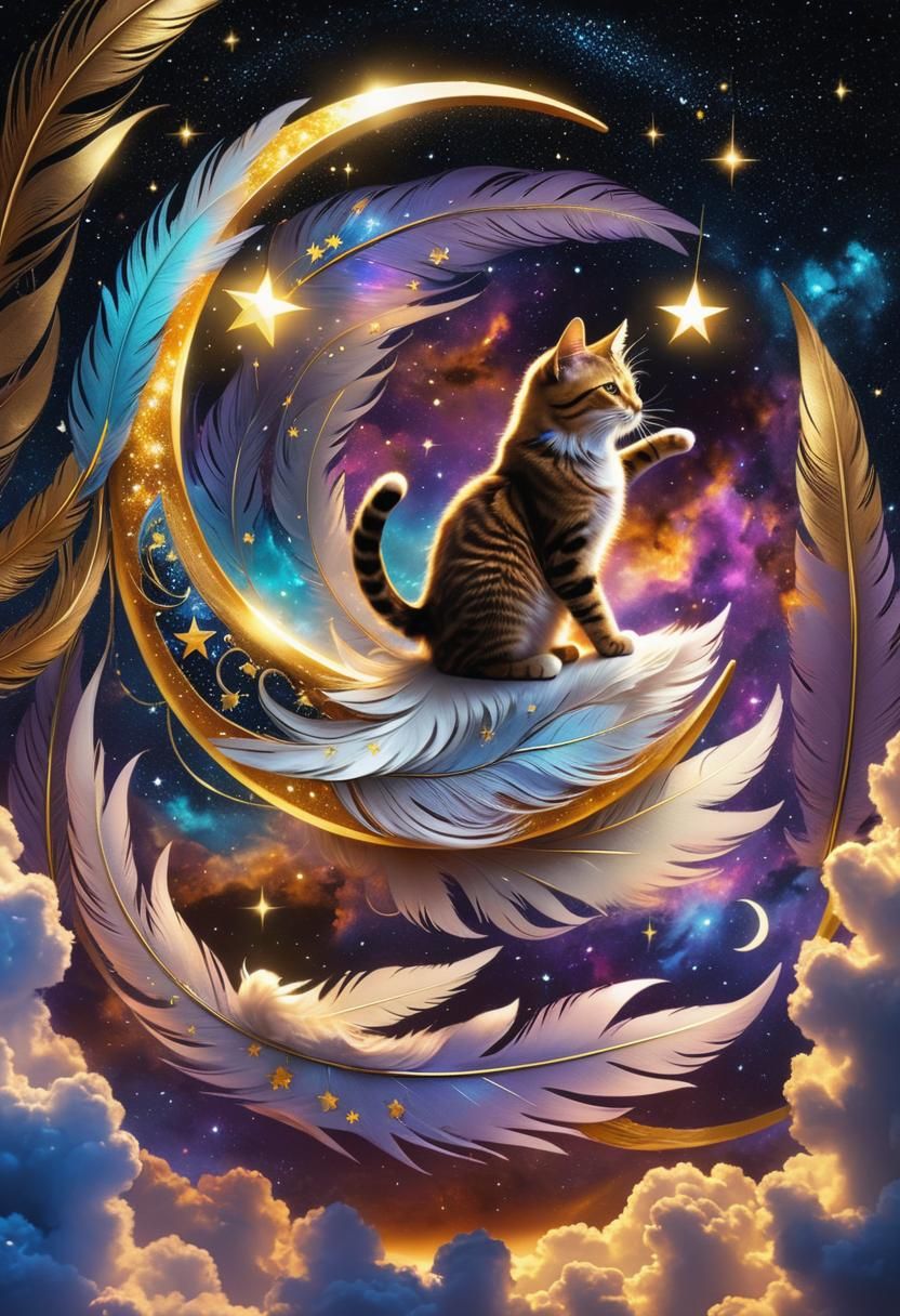 Cat on Crescent Moon in Cosmic Night Sky