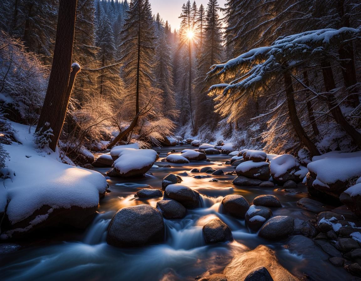 Winter Forest Valley at Magic Hour